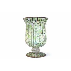 Vintage Mosaic Capiz Shell Vase / Hurricane Candle Holder 8” Pedestal Bowl Green